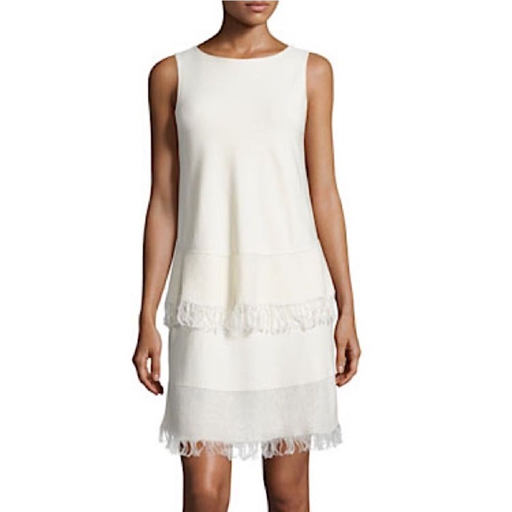 Theory Jurinzi Prosecco Cream Fringe Trim Tiered Knit Sleeveless Tank Dress